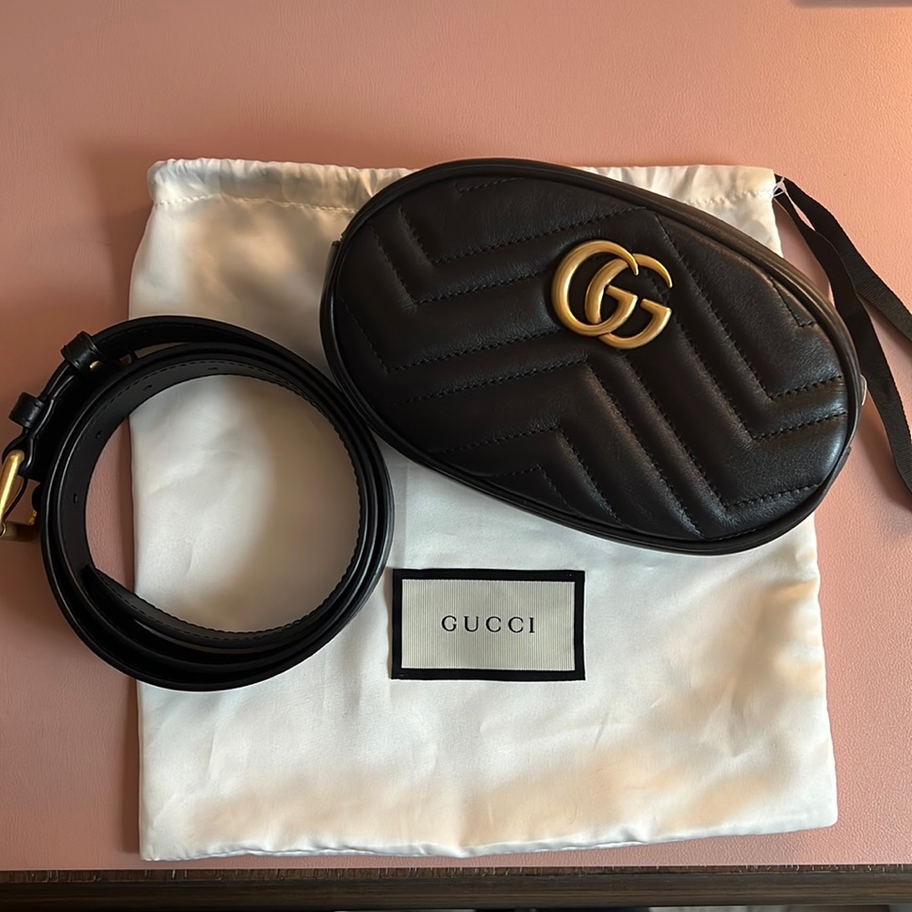 Gucci GG Marmont Matelassé Leather Belt Bag - Black with gold hardware